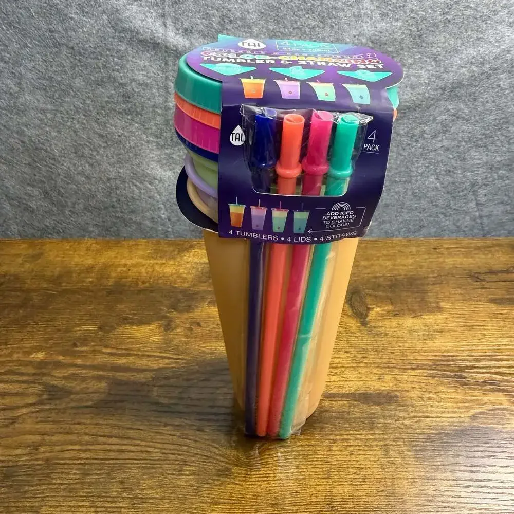 TAL Color-Changing Reusable Tumbler & Straw Set, 24oz, 4 Pack